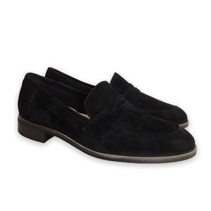 6W 6 WIDE Clarks Trish Rose Penny Loafer Black Suede Leather Slip On Shoes NEW